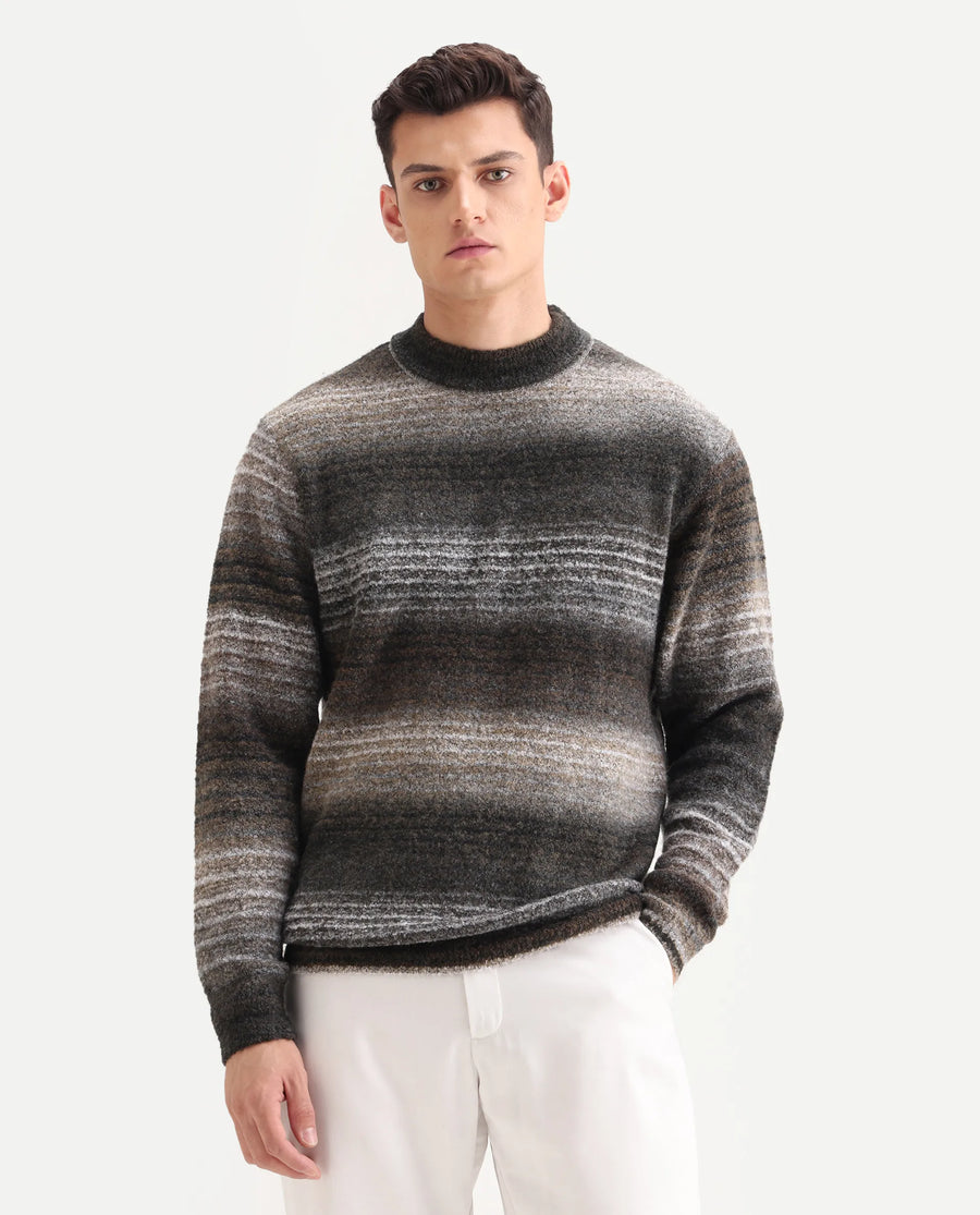 Rare Rabbit Men's Nemot Dark Grey Acrylic Colorblock Regular Fit Full Sleeve Crew Neck Sweater