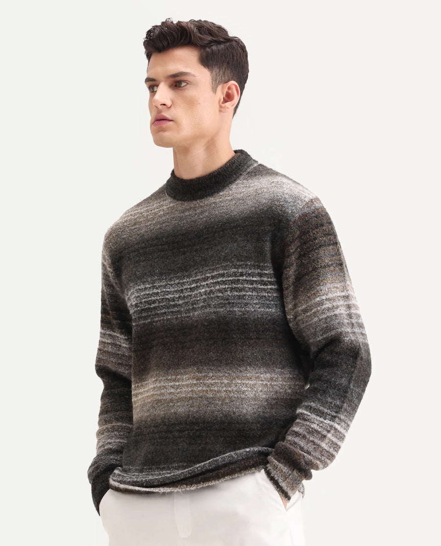 Rare Rabbit Men's Nemot Dark Grey Acrylic Colorblock Regular Fit Full Sleeve Crew Neck Sweater