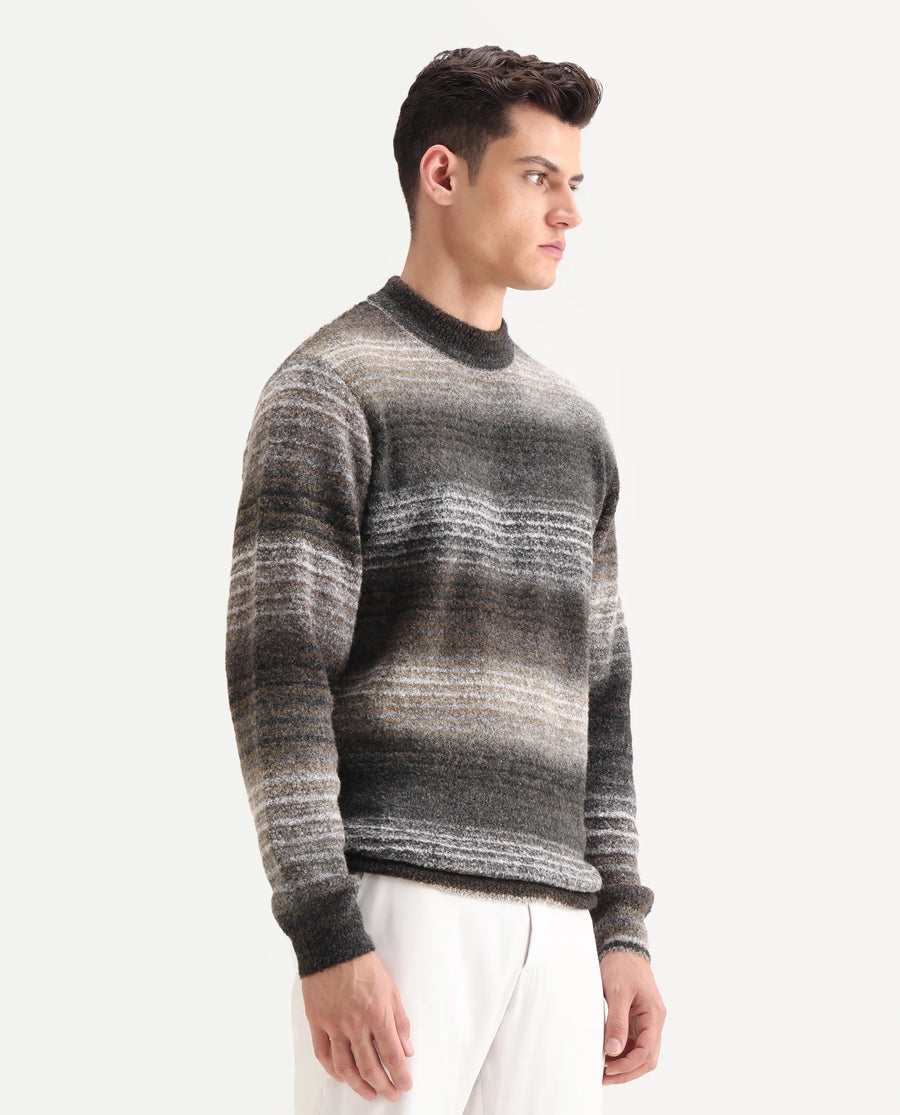 Rare Rabbit Men's Nemot Dark Grey Acrylic Colorblock Regular Fit Full Sleeve Crew Neck Sweater