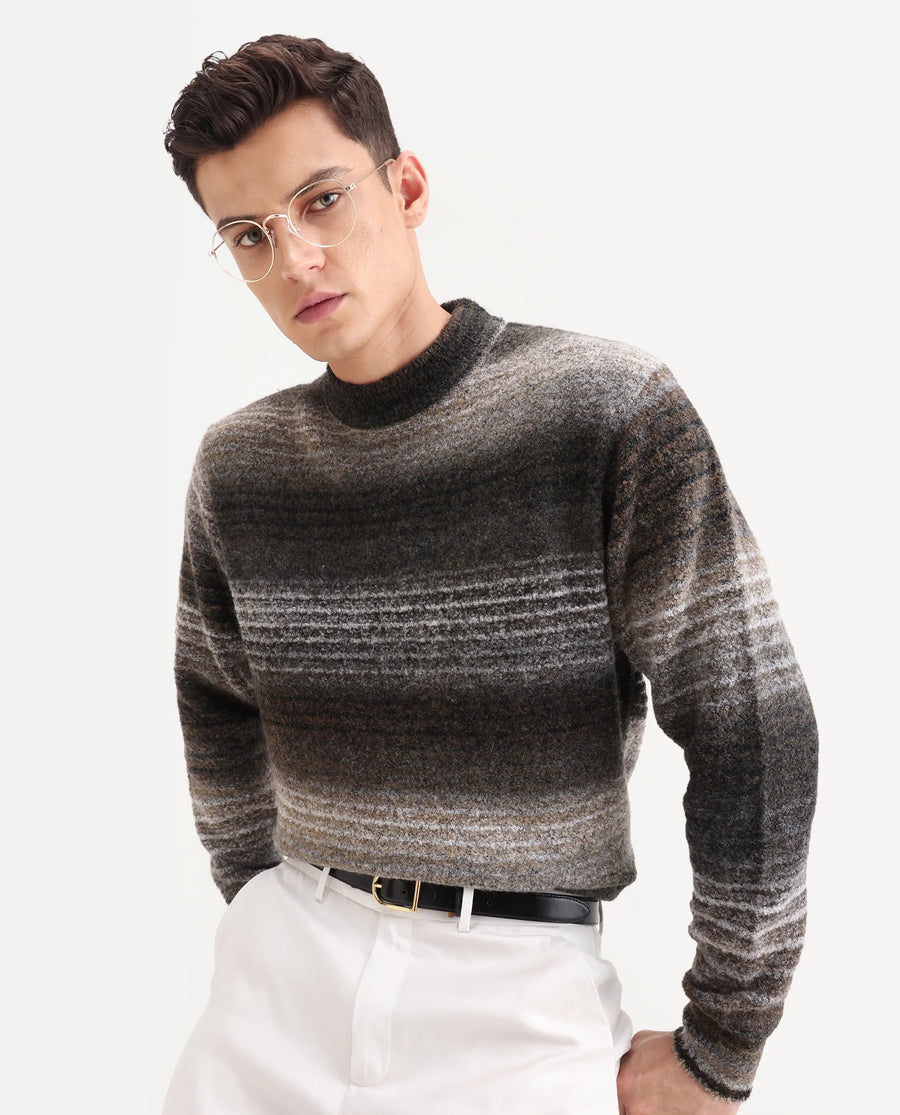 Rare Rabbit Men's Nemot Dark Grey Acrylic Colorblock Regular Fit Full Sleeve Crew Neck Sweater