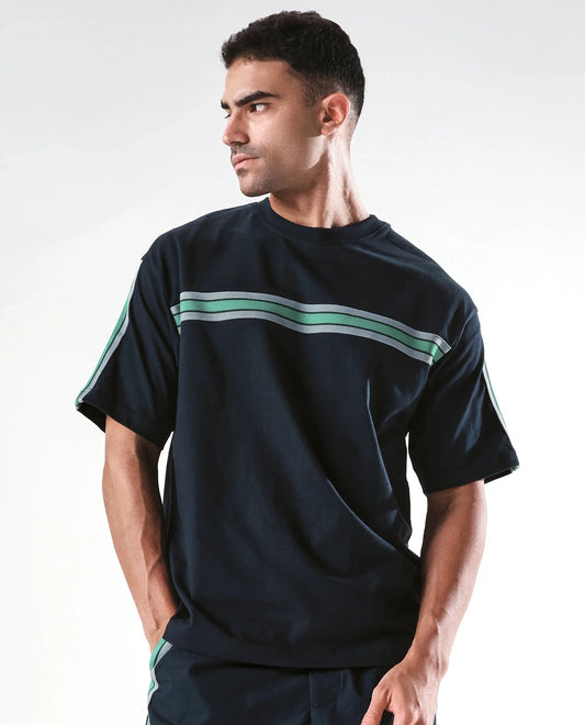 Rare Rabbit Men's Newnon-T Navy Cotton Boxy Fit Half Sleeve Crew Neck T-Shirt