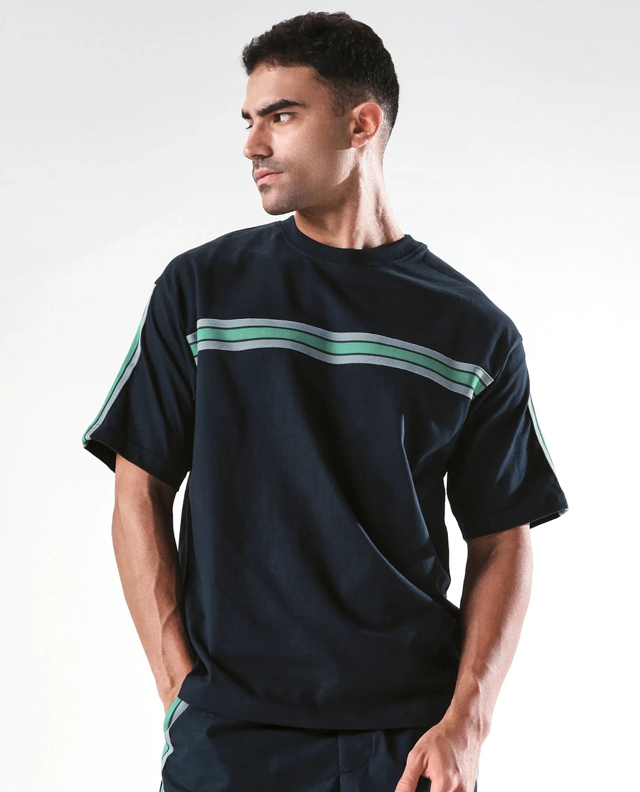 Rare Rabbit Men's Newnon-T Navy Cotton Boxy Fit Half Sleeve Crew Neck T-Shirt