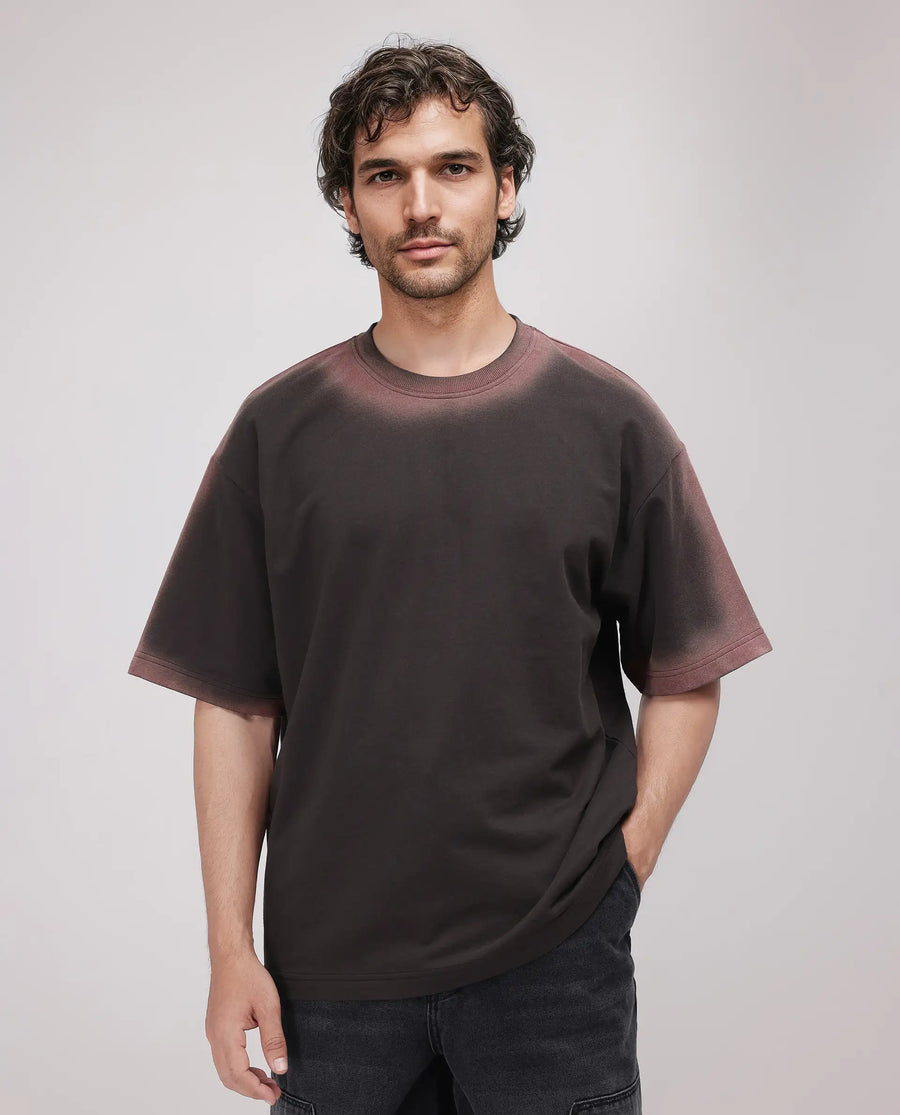 Rare Rabbit Men's Oako Dark Brown Cotton Hd Print Oversized Fit Half Sleeve Crew Neck T-Shirt