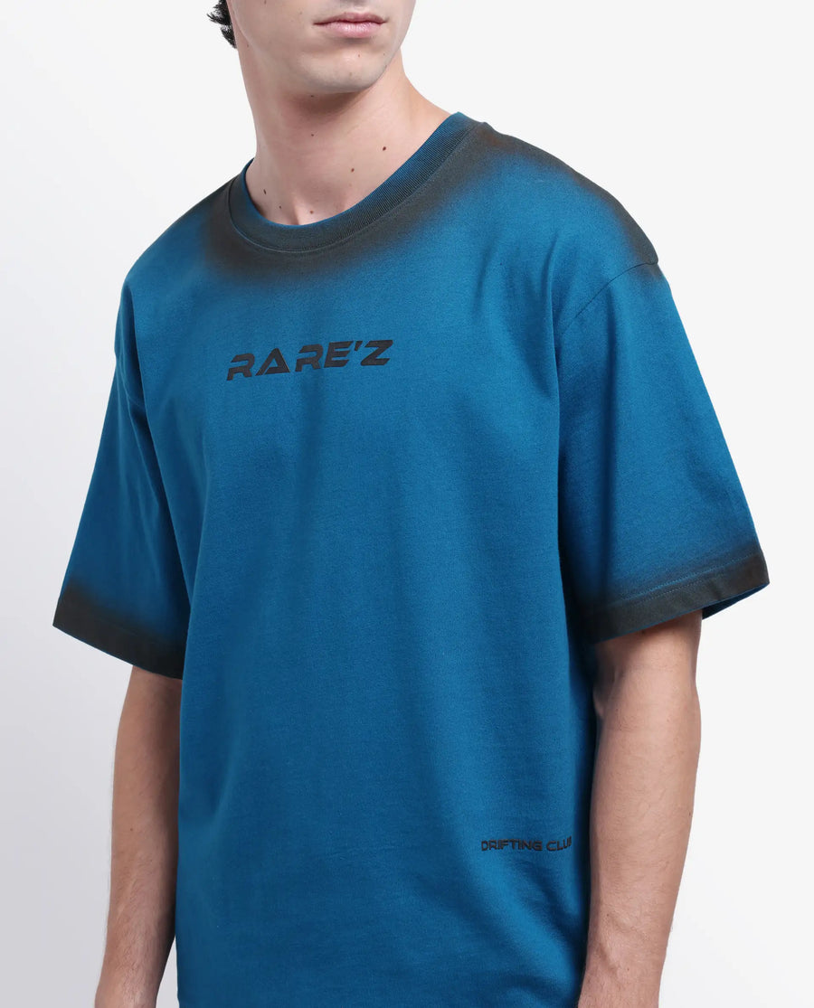 Rare Rabbit Men's Oakoe Petrol Cotton Graphic Print Oversized Fit Half Sleeve Crew Neck T-Shirt