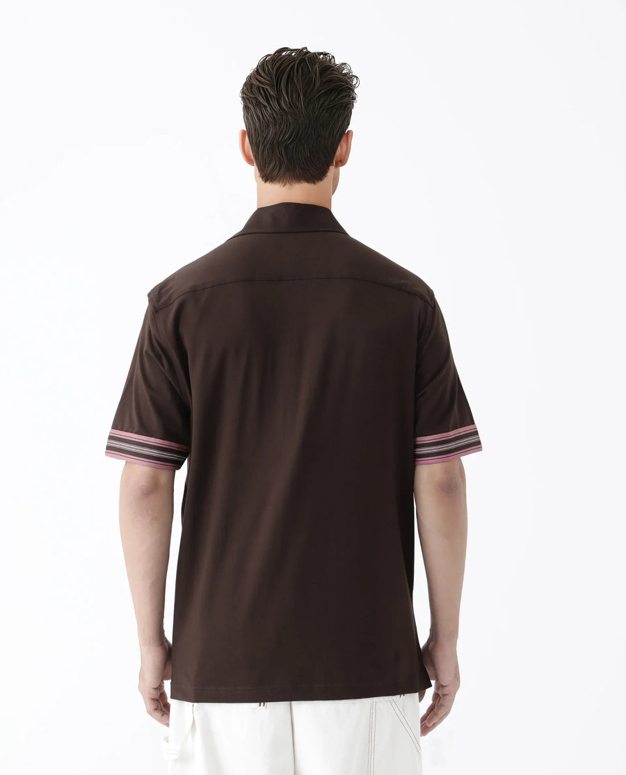 Rare Rabbit Men's Oble Dark Brown Cotton Blend Striped Print Relaxed Fit Half Sleeve Collared Shirt