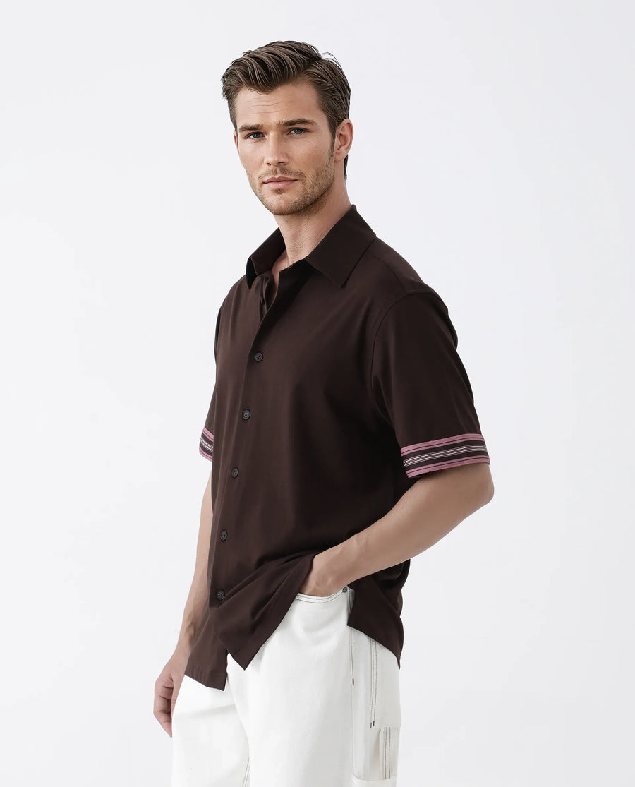 Rare Rabbit Men's Oble Dark Brown Cotton Blend Striped Print Relaxed Fit Half Sleeve Collared Shirt