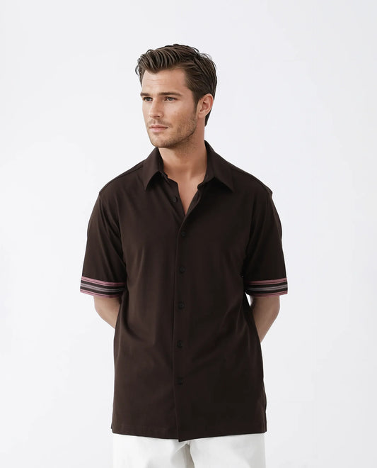 Rare Rabbit Men's Oble Dark Brown Cotton Blend Striped Print Relaxed Fit Half Sleeve Collared Shirt