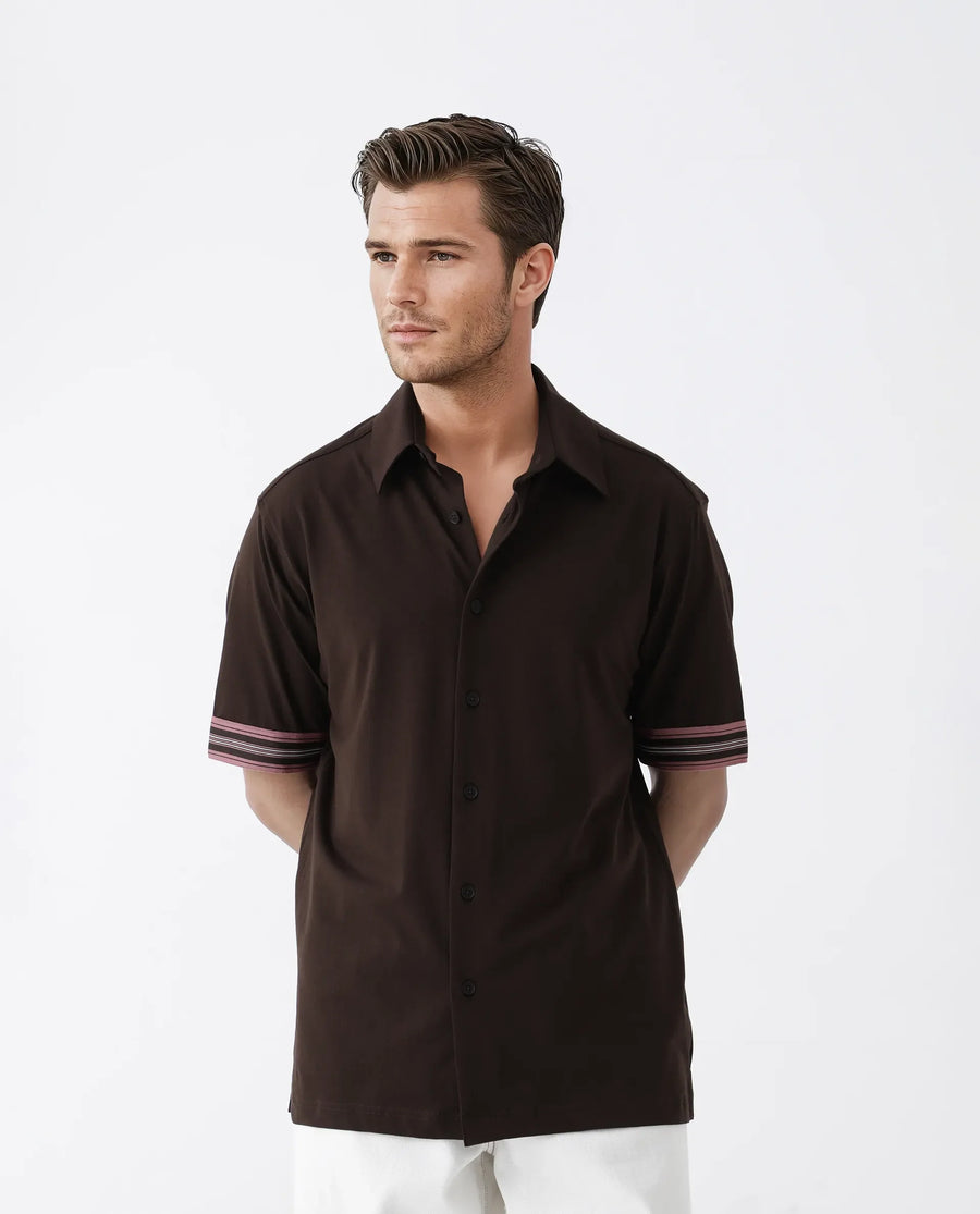 Rare Rabbit Men's Oble Dark Brown Cotton Blend Striped Print Relaxed Fit Half Sleeve Collared Shirt