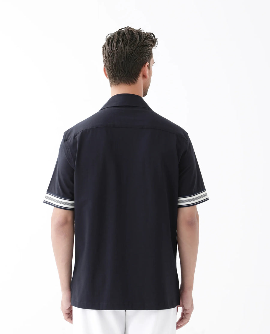 Rare Rabbit Men's Oble Dark Navy Cotton Blend Striped Print Relaxed Fit Half Sleeve Collared Shirt