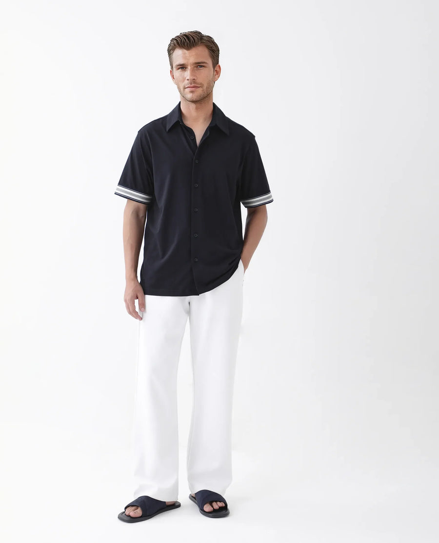Rare Rabbit Men's Oble Dark Navy Cotton Blend Striped Print Relaxed Fit Half Sleeve Collared Shirt