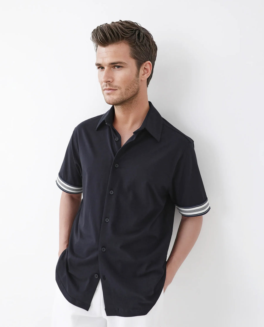 Rare Rabbit Men's Oble Dark Navy Cotton Blend Striped Print Relaxed Fit Half Sleeve Collared Shirt