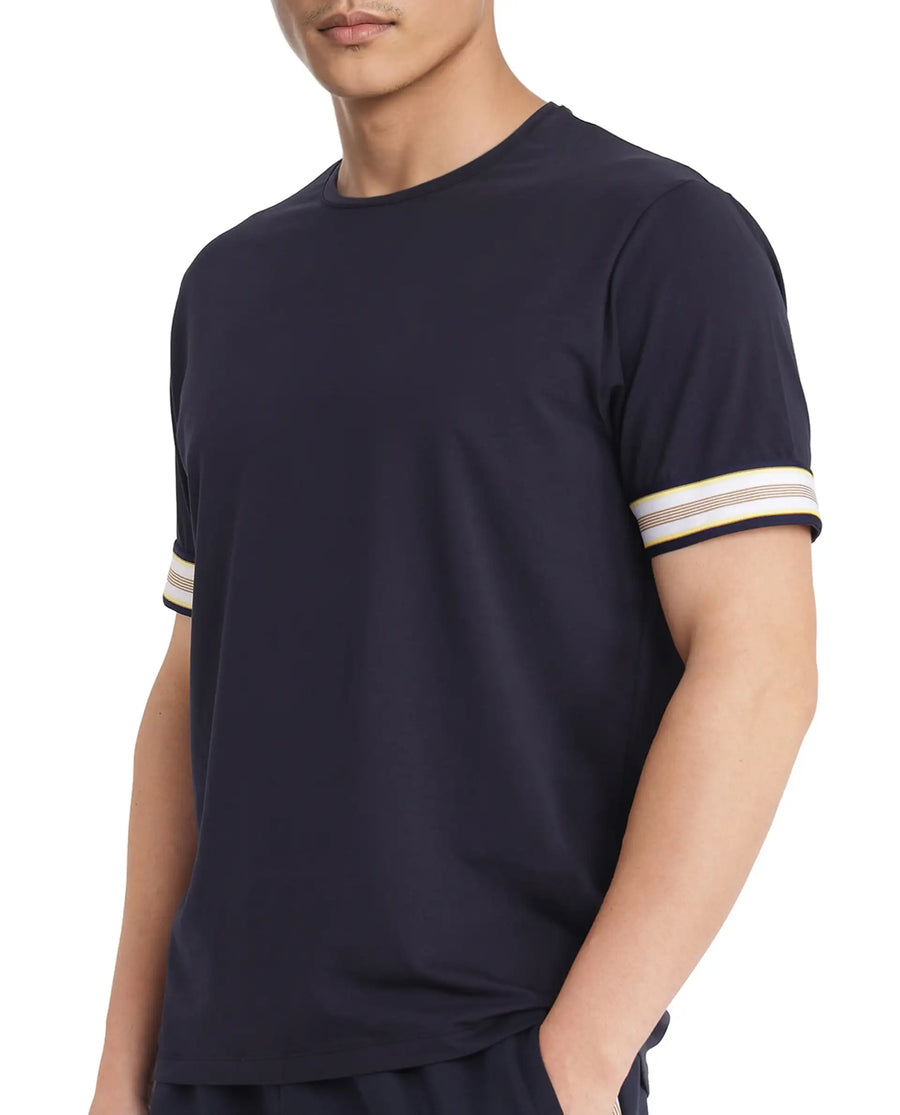 Rare Rabbit Men's Oblee Navy Cotton Blend Plain Relaxed Fit Half Sleeve Crew Neck T-Shirt