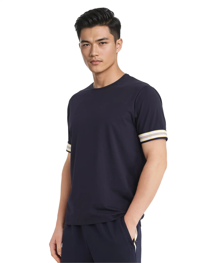 Rare Rabbit Men's Oblee Navy Cotton Blend Plain Relaxed Fit Half Sleeve Crew Neck T-Shirt