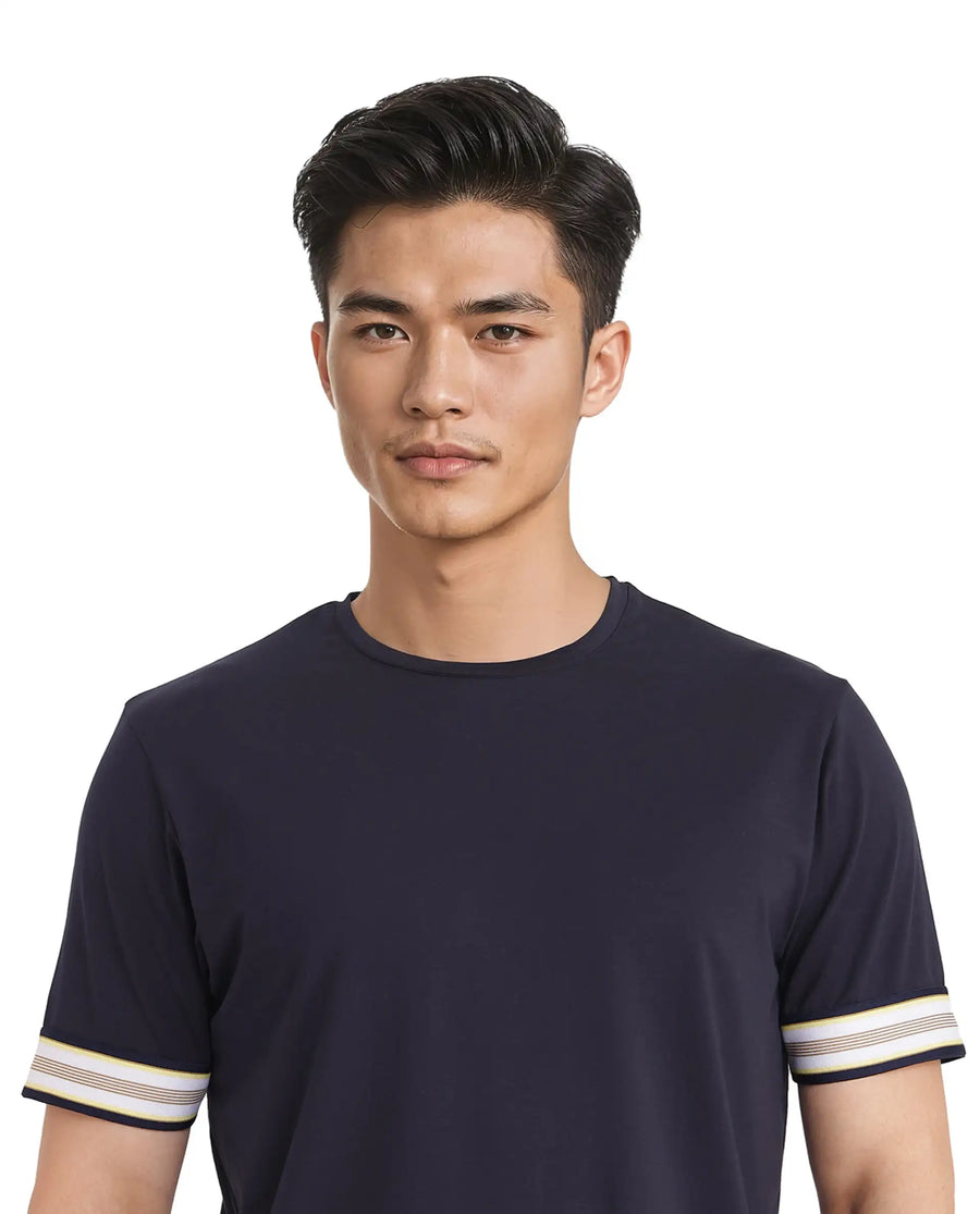Rare Rabbit Men's Oblee Navy Cotton Blend Plain Relaxed Fit Half Sleeve Crew Neck T-Shirt