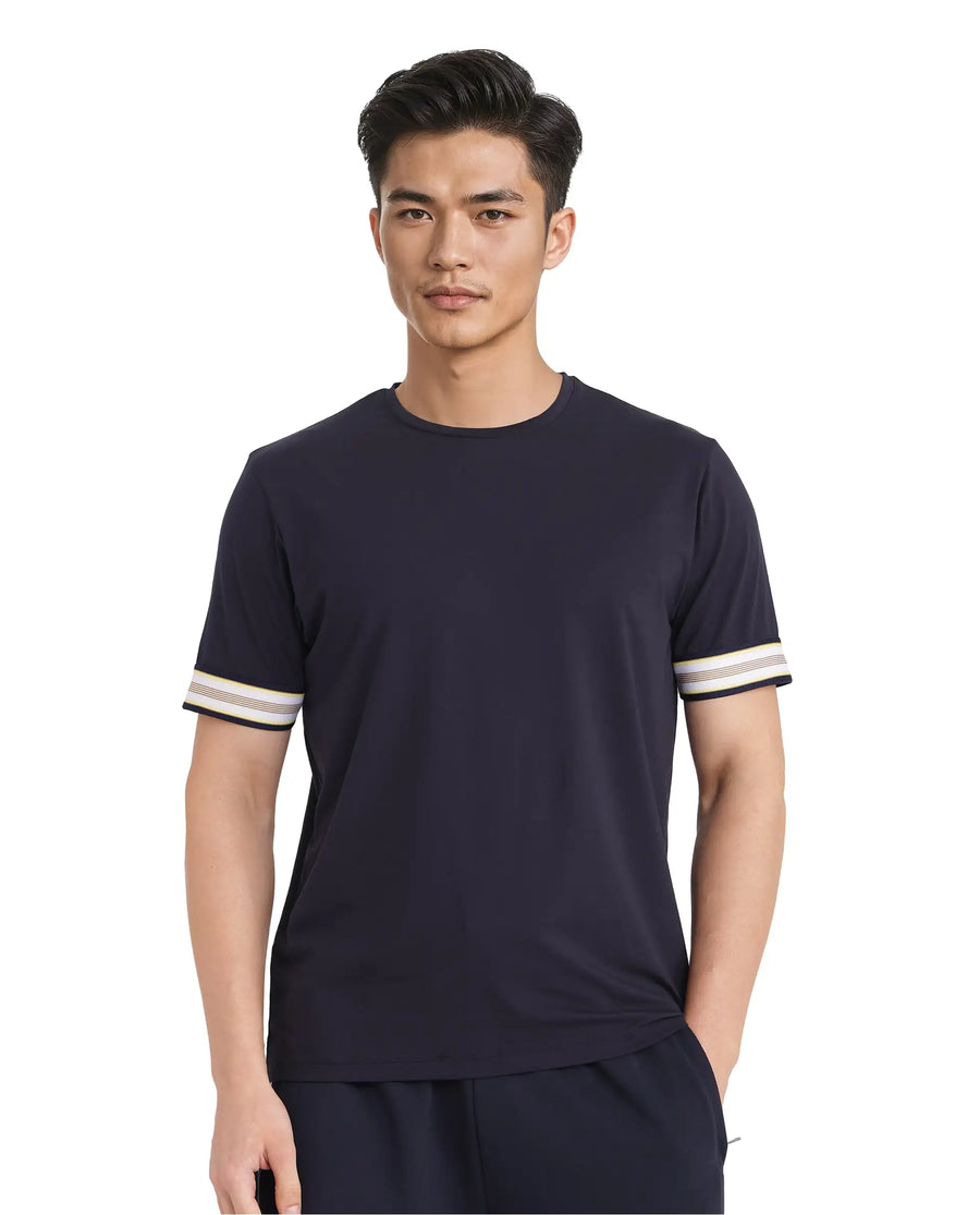 Rare Rabbit Men's Oblee Navy Cotton Blend Plain Relaxed Fit Half Sleeve Crew Neck T-Shirt