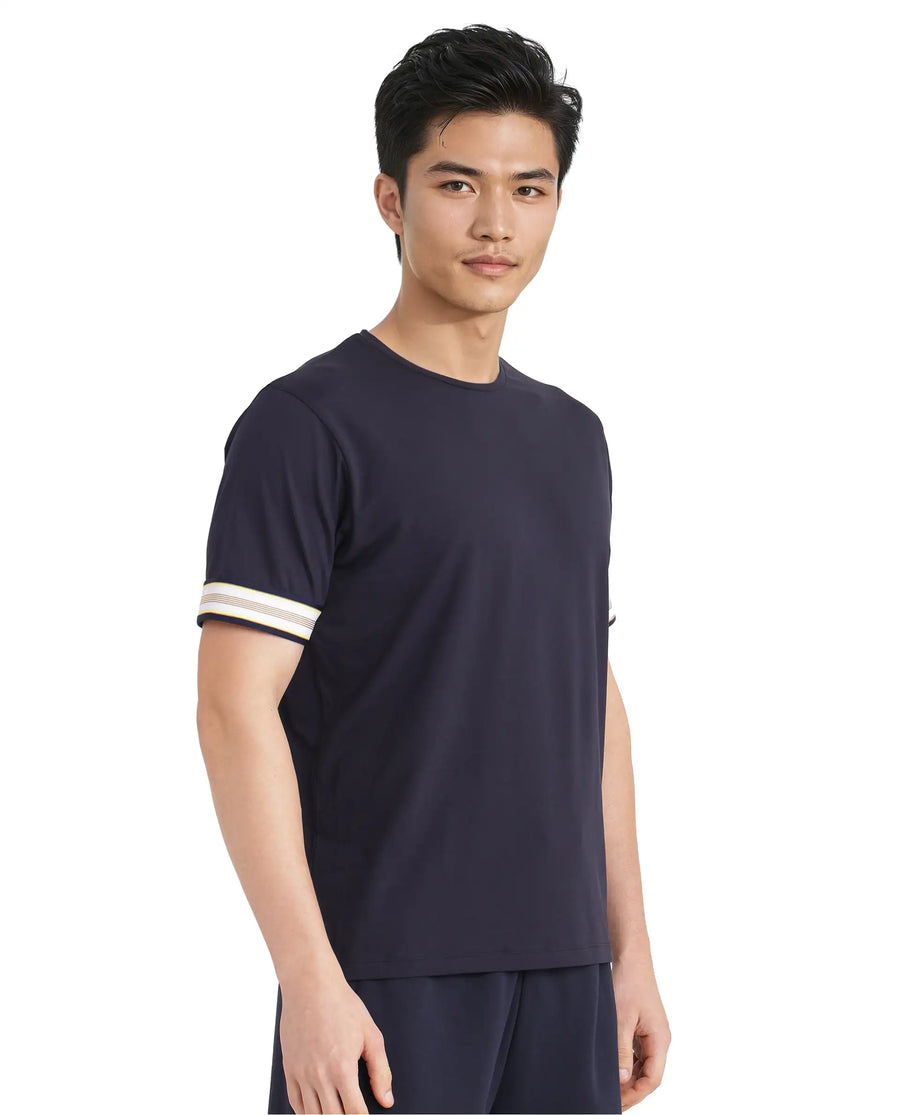 Rare Rabbit Men's Oblee Navy Cotton Blend Plain Relaxed Fit Half Sleeve Crew Neck T-Shirt