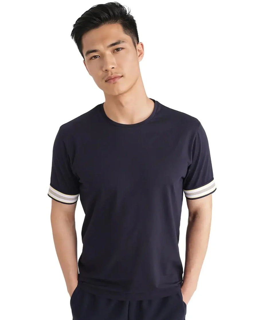 Rare Rabbit Men's Oblee Navy Cotton Blend Plain Relaxed Fit Half Sleeve Crew Neck T-Shirt