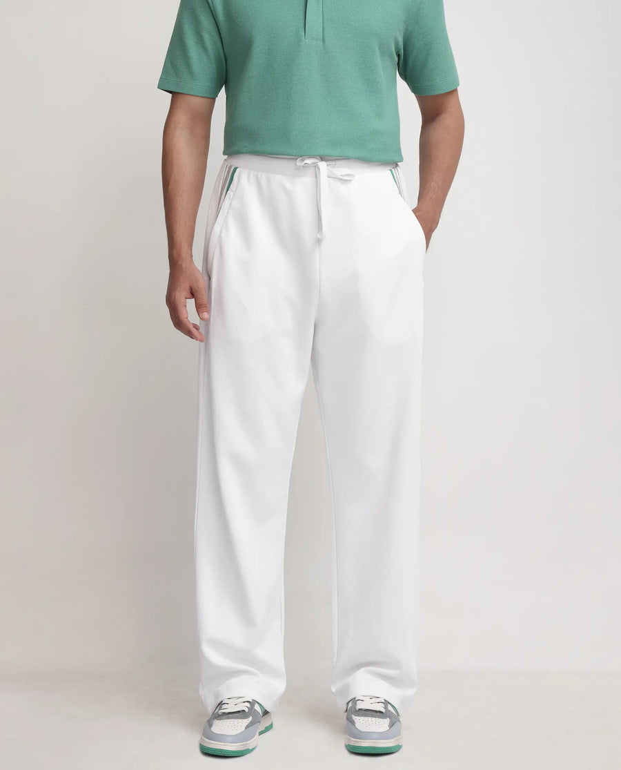 Rare Rabbit Men's Oblic White Cotton Blend Plain Relaxed Fit Track Pant