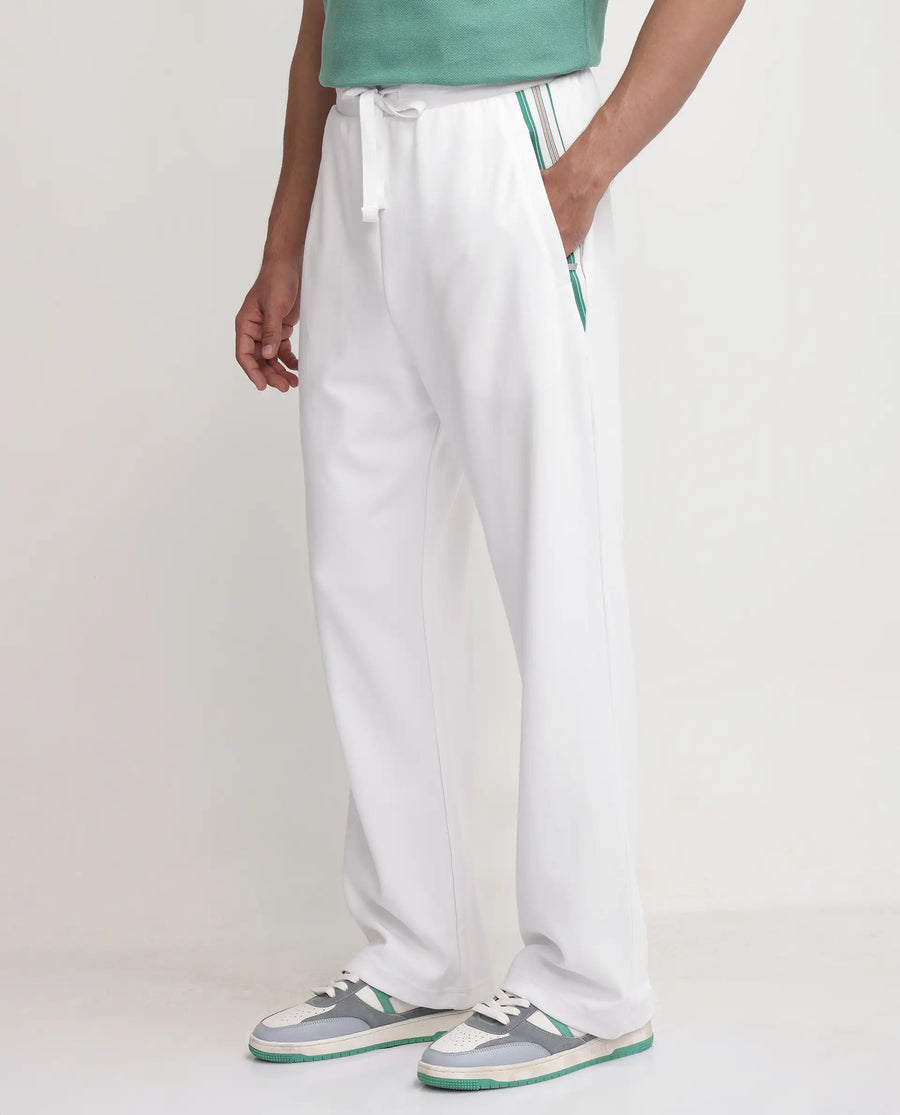 Rare Rabbit Men's Oblic White Cotton Blend Plain Relaxed Fit Track Pant