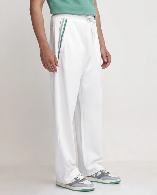 Rare Rabbit Men's Oblic White Cotton Blend Plain Relaxed Fit Track Pant