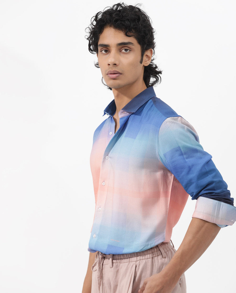 Rare Rabbit Men's Obroom Light Pink Viscose Ombre Regular Fit Full Sleeve Collared Shirt