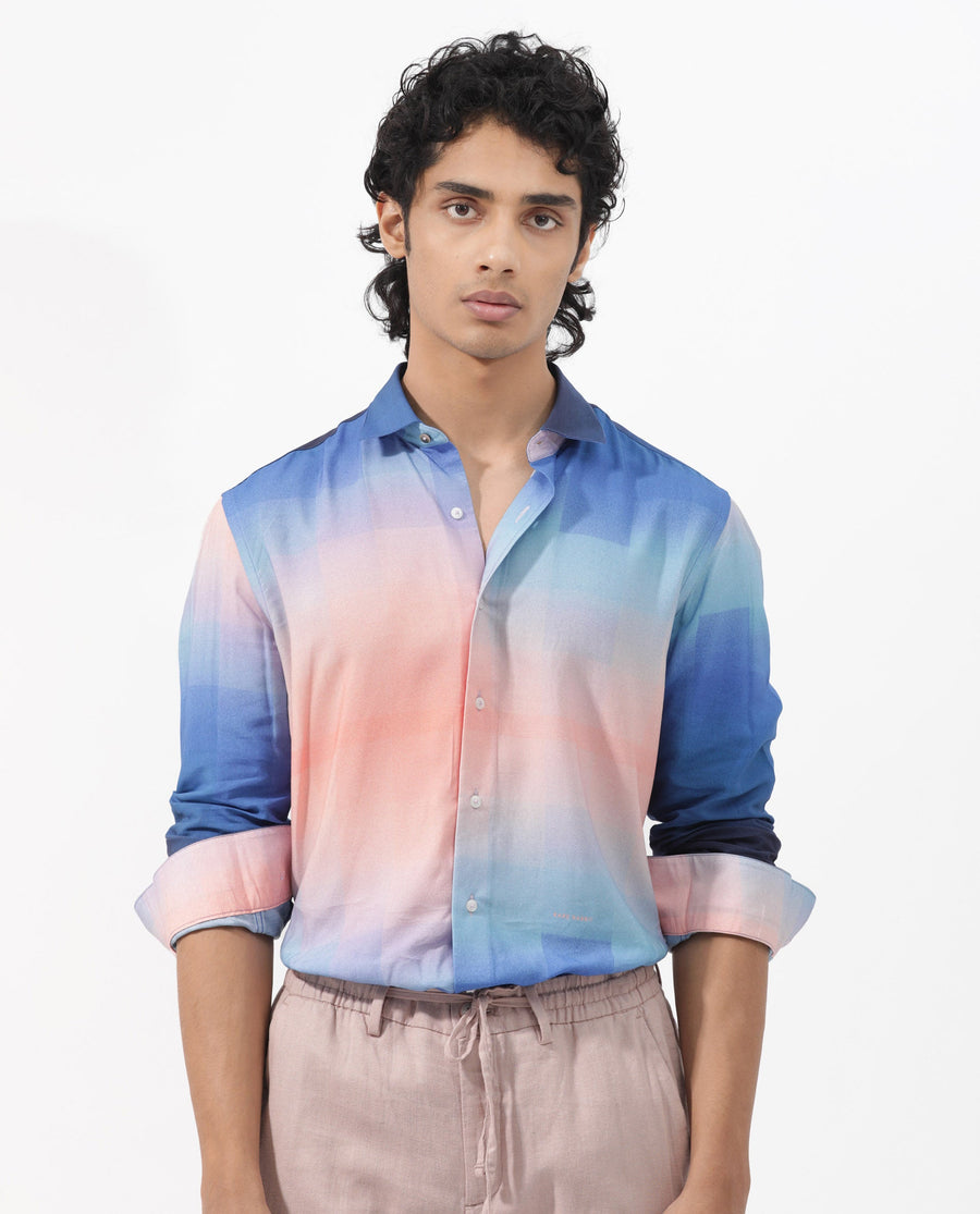Rare Rabbit Men's Obroom Light Pink Viscose Ombre Regular Fit Full Sleeve Collared Shirt