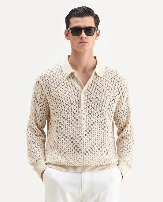 Rare Rabbit Men's Ocon Light Beige Cotton Blend Fabric Collared Neck Regular Fit Geometric Print Polo