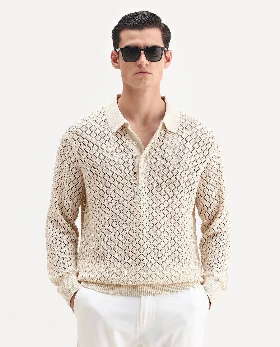Rare Rabbit Men's Ocon Light Beige Cotton Blend Fabric Collared Neck Regular Fit Geometric Print Polo