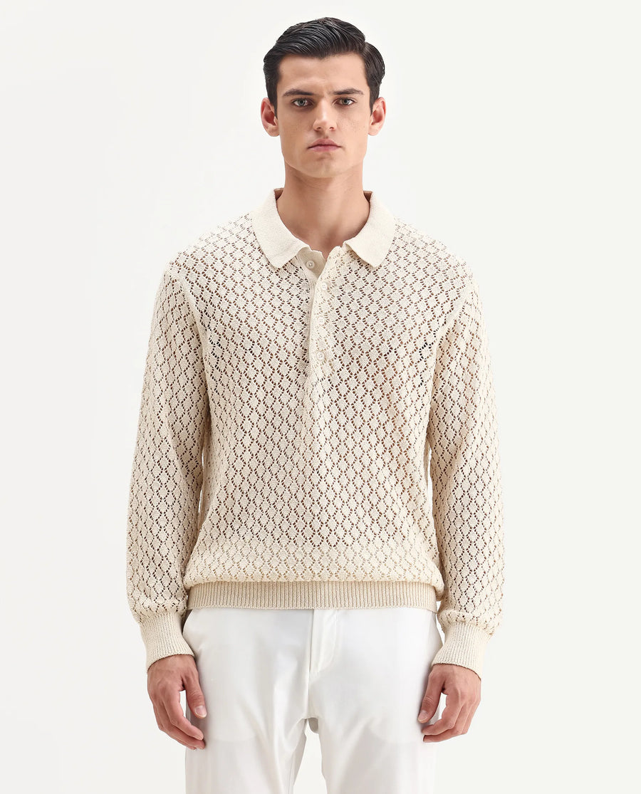 Rare Rabbit Men's Ocon Light Beige Cotton Blend Fabric Collared Neck Regular Fit Geometric Print Polo