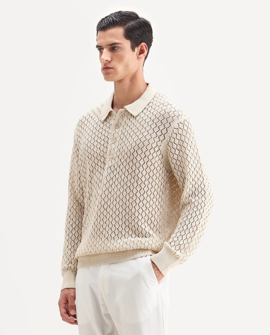 Rare Rabbit Men's Ocon Light Beige Cotton Blend Fabric Collared Neck Regular Fit Geometric Print Polo