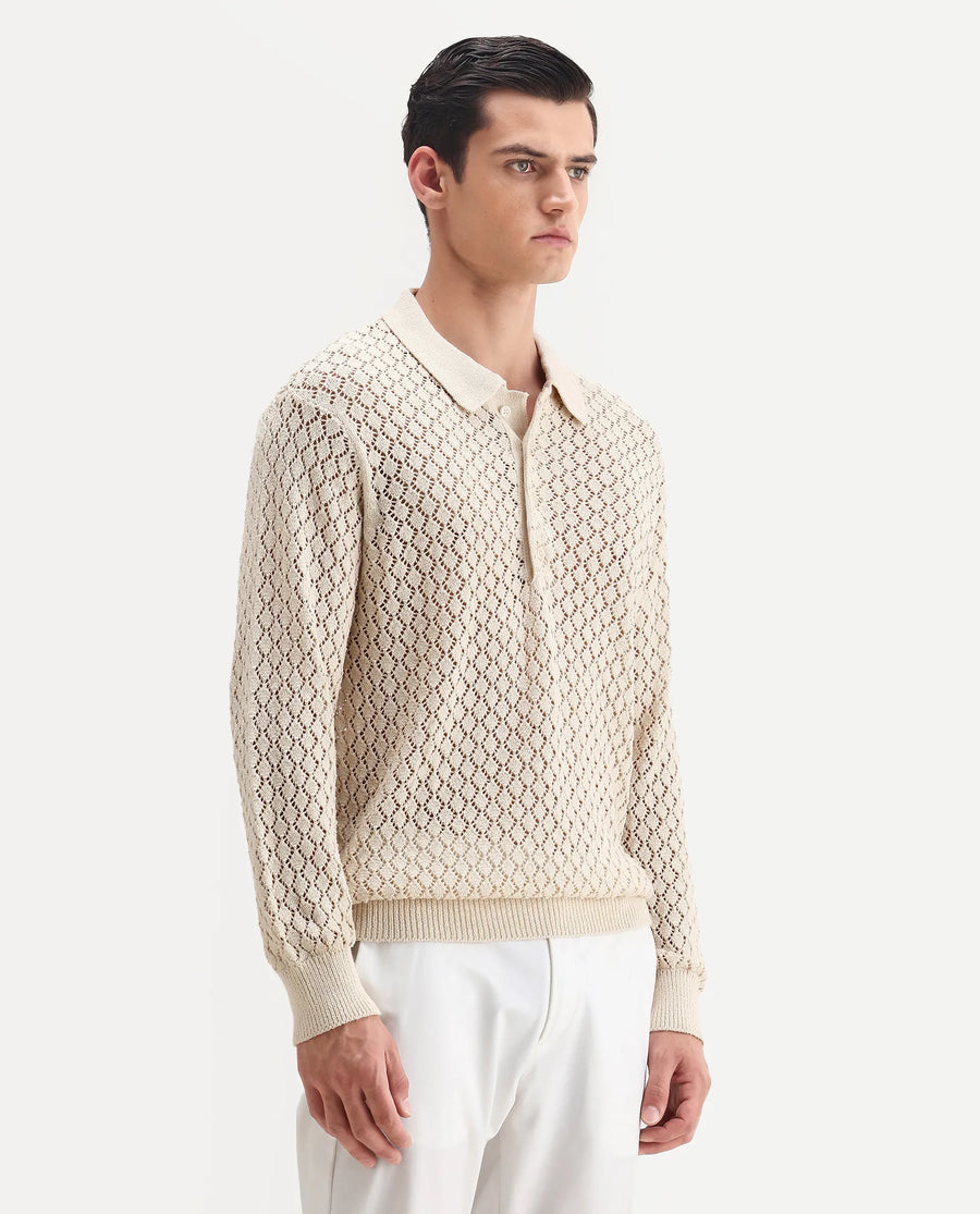 Rare Rabbit Men's Ocon Light Beige Cotton Blend Fabric Collared Neck Regular Fit Geometric Print Polo