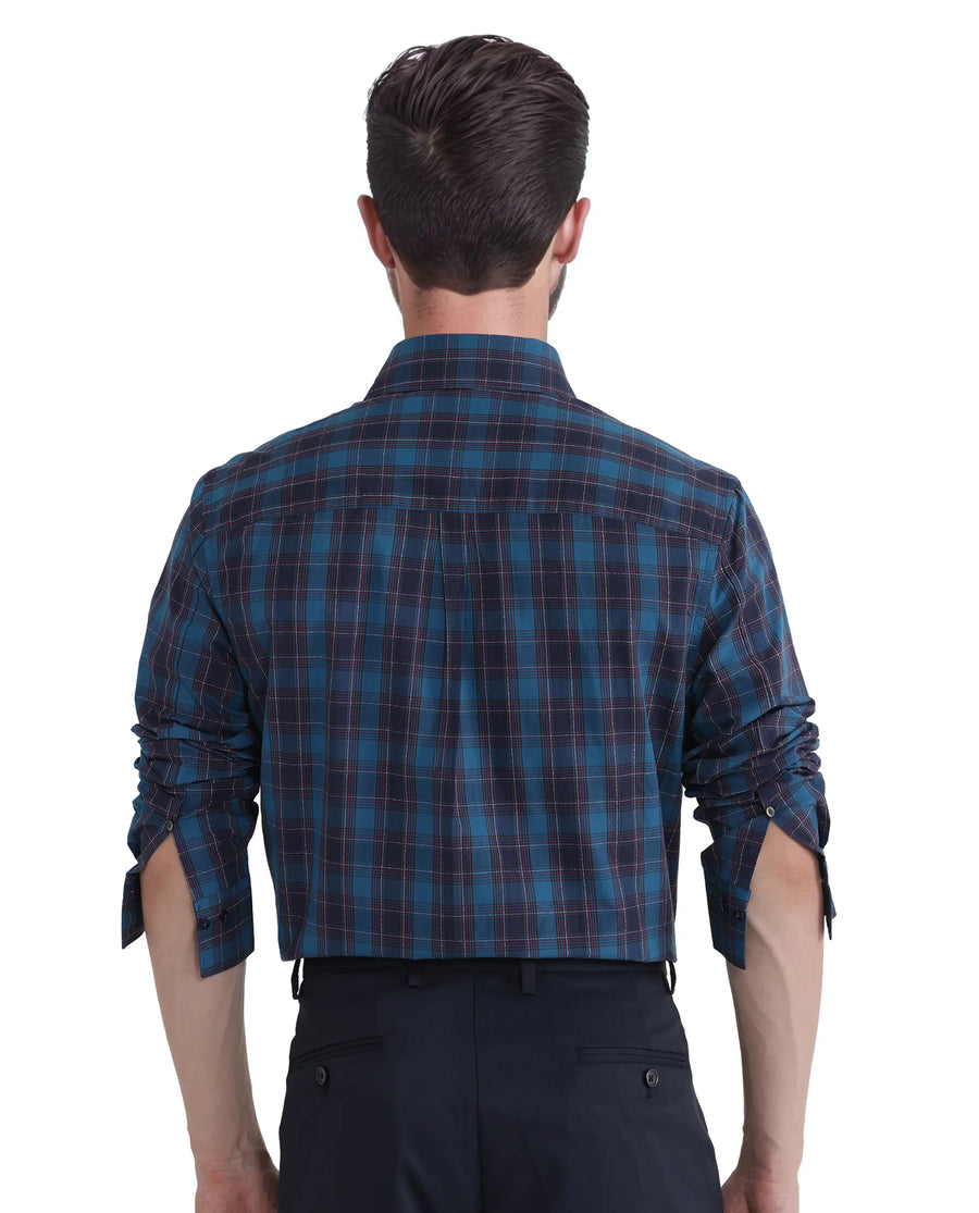Rare Rabbit Men's Odra Blue Checked Print Boxy Fit Full Sleeve Collared Shirt