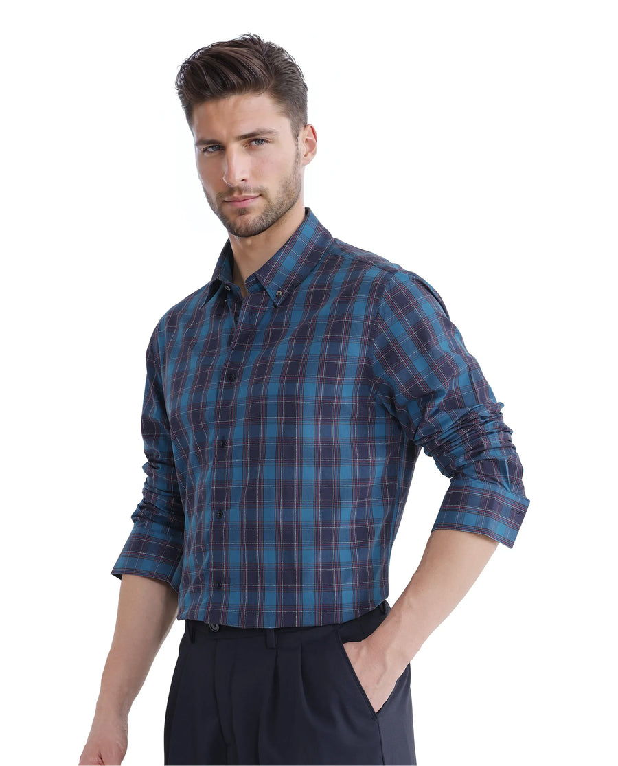 Rare Rabbit Men's Odra Blue Checked Print Boxy Fit Full Sleeve Collared Shirt