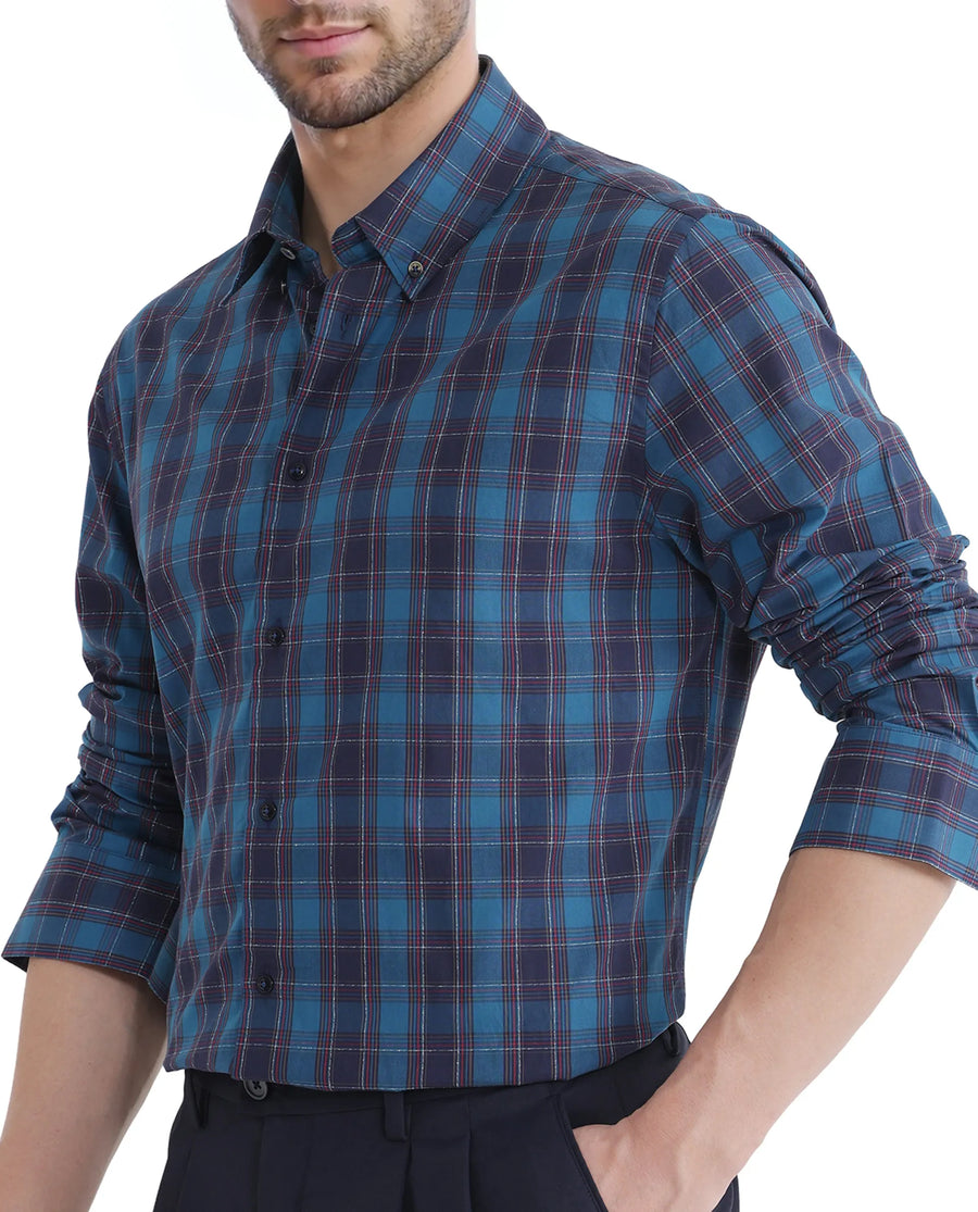 Rare Rabbit Men's Odra Blue Checked Print Boxy Fit Full Sleeve Collared Shirt