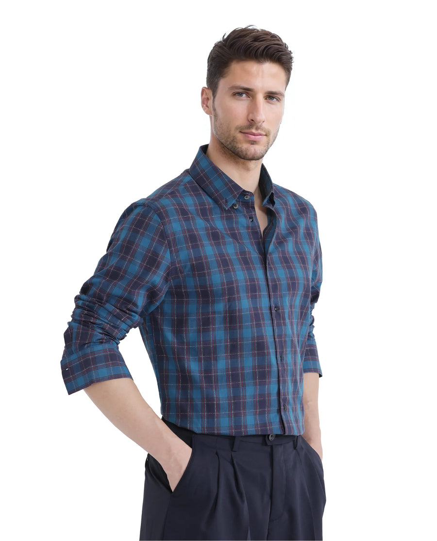 Rare Rabbit Men's Odra Blue Checked Print Boxy Fit Full Sleeve Collared Shirt