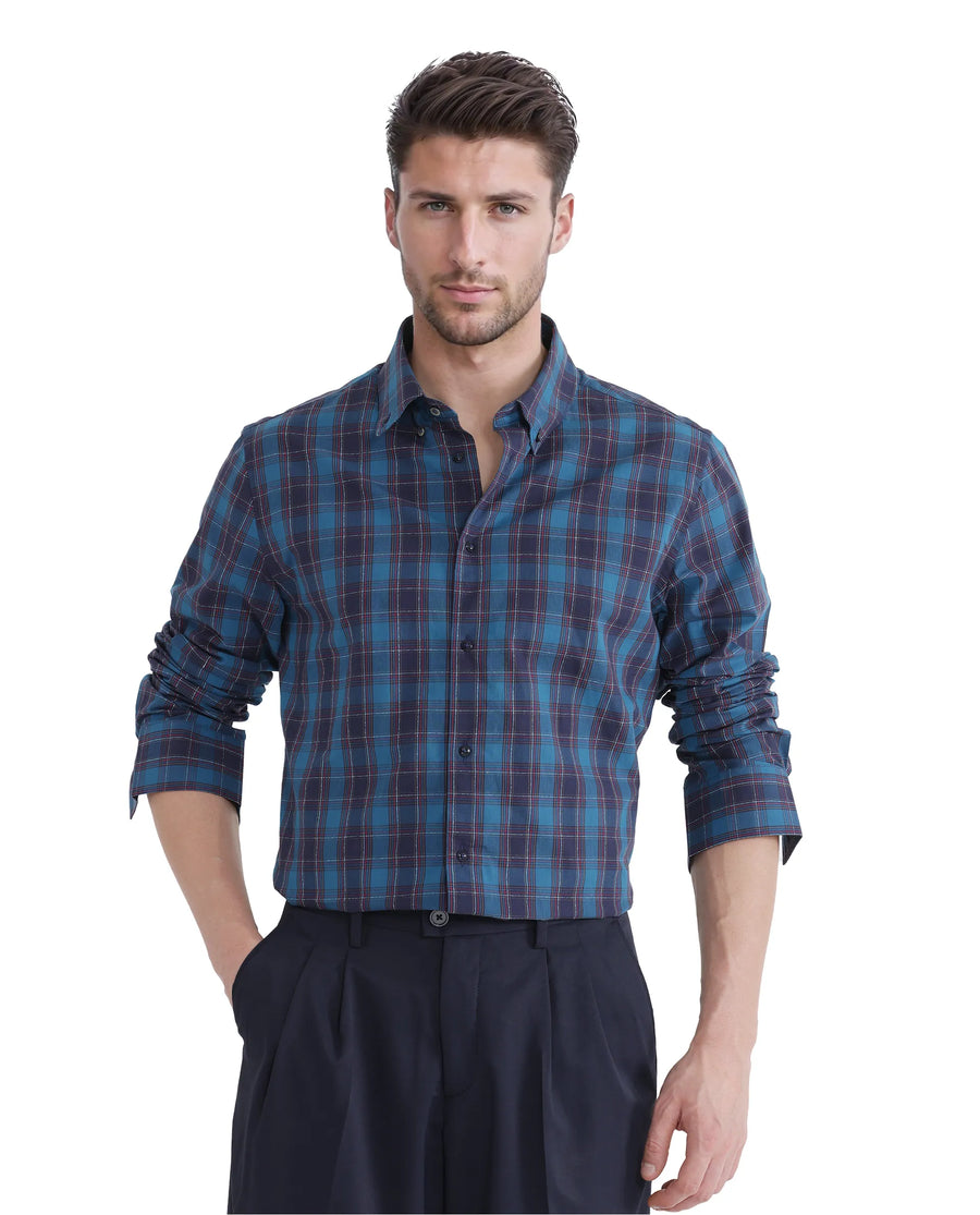 Rare Rabbit Men's Odra Blue Checked Print Boxy Fit Full Sleeve Collared Shirt