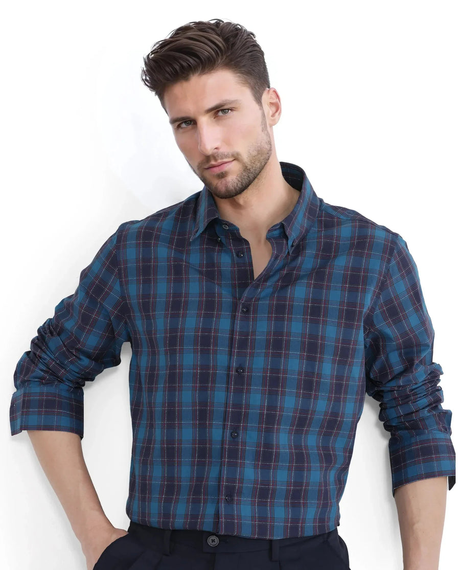 Rare Rabbit Men's Odra Blue Checked Print Boxy Fit Full Sleeve Collared Shirt