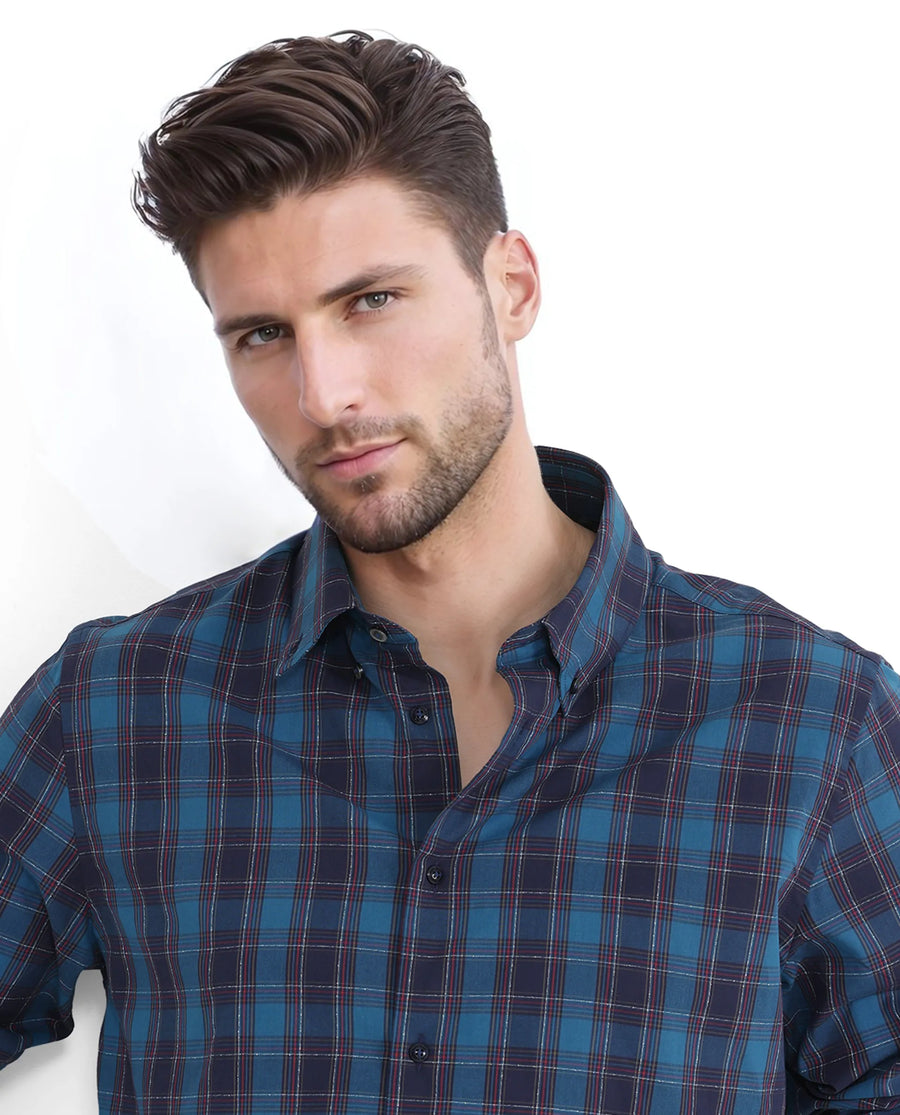 Rare Rabbit Men's Odra Blue Checked Print Boxy Fit Full Sleeve Collared Shirt