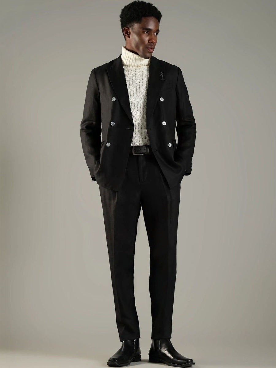 Tommy Hilfiger Men Black Regular Fit Linen Double-Breasted Blazer