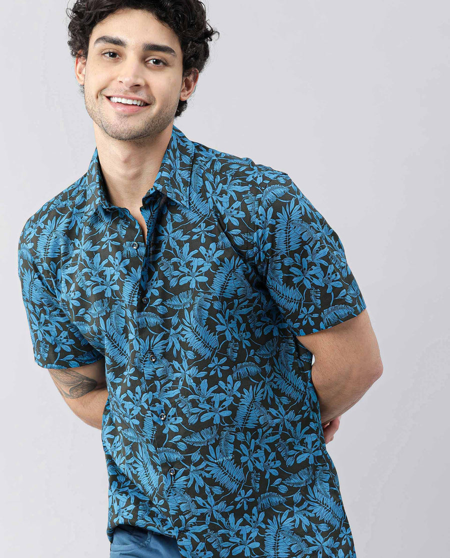 Rare Rabbit Men's Olar Olive Cotton Floral Print Regular Fit Half Sleeve Spread Collar Shirt