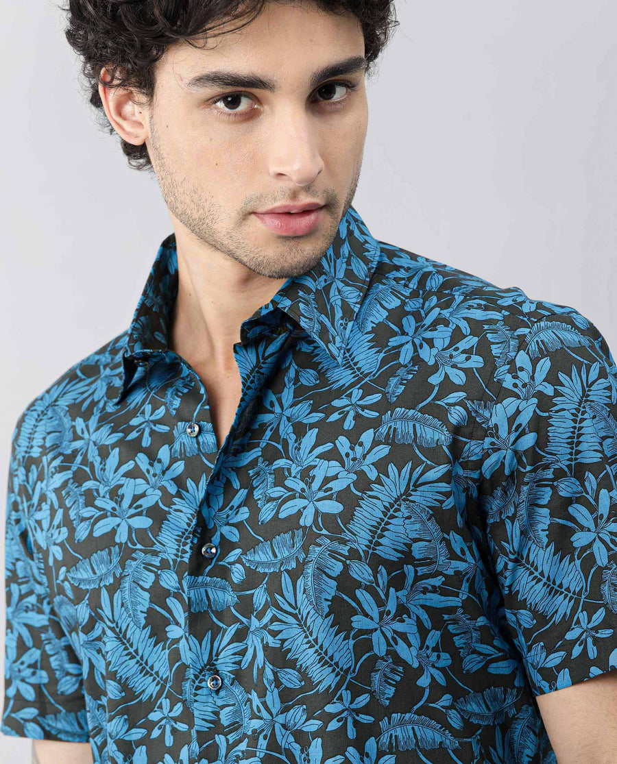 Rare Rabbit Men's Olar Olive Cotton Floral Print Regular Fit Half Sleeve Spread Collar Shirt