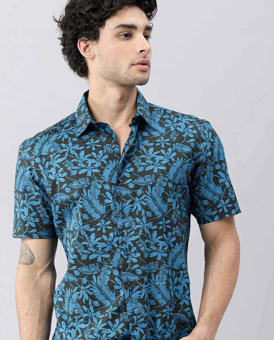 Rare Rabbit Men's Olar Olive Cotton Floral Print Regular Fit Half Sleeve Spread Collar Shirt