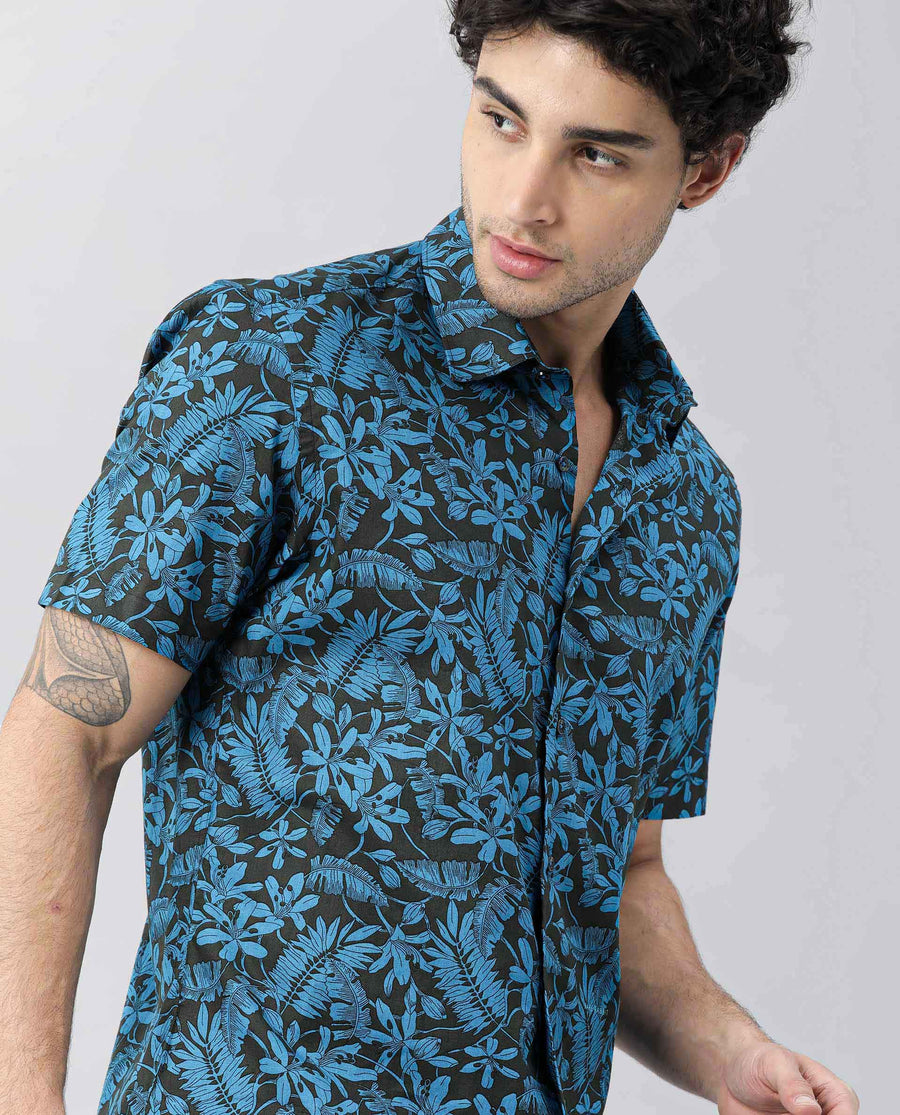 Rare Rabbit Men's Olar Olive Cotton Floral Print Regular Fit Half Sleeve Spread Collar Shirt