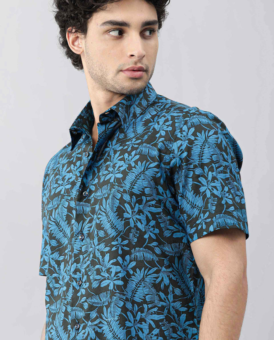Rare Rabbit Men's Olar Olive Cotton Floral Print Regular Fit Half Sleeve Spread Collar Shirt