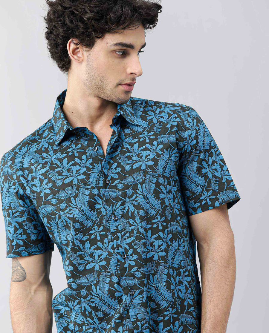 Rare Rabbit Men's Olar Olive Cotton Floral Print Regular Fit Half Sleeve Spread Collar Shirt