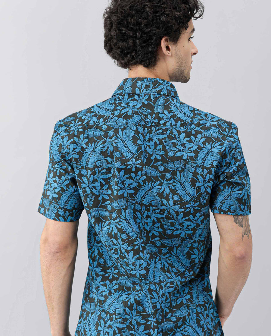 Rare Rabbit Men's Olar Olive Cotton Floral Print Regular Fit Half Sleeve Spread Collar Shirt
