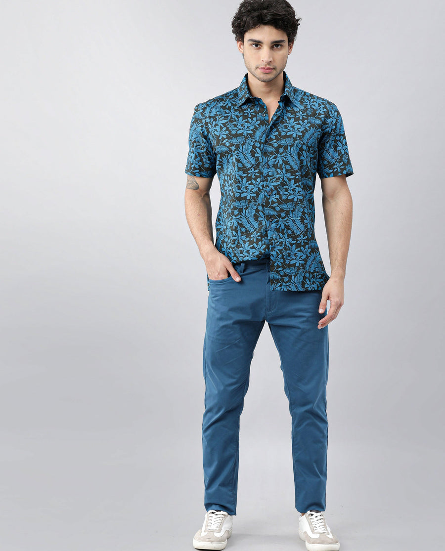 Rare Rabbit Men's Olar Olive Cotton Floral Print Regular Fit Half Sleeve Spread Collar Shirt