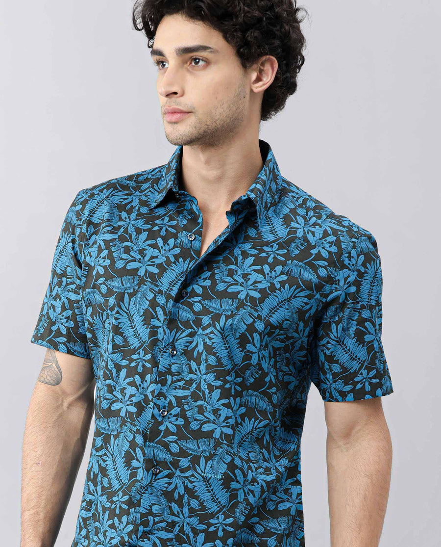 Rare Rabbit Men's Olar Olive Cotton Floral Print Regular Fit Half Sleeve Spread Collar Shirt