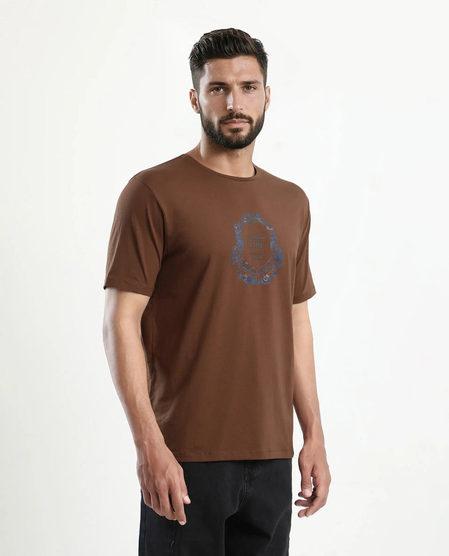 Rare Rabbit Men's Olen Brown Cotton Blend Graphic Print Regular Fit Half Sleeve Crew Neck T-Shirt