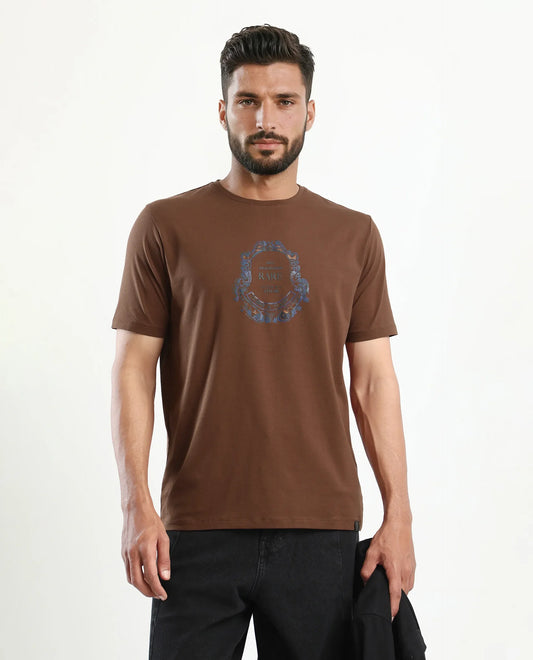 Rare Rabbit Men's Olen Brown Cotton Blend Graphic Print Regular Fit Half Sleeve Crew Neck T-Shirt
